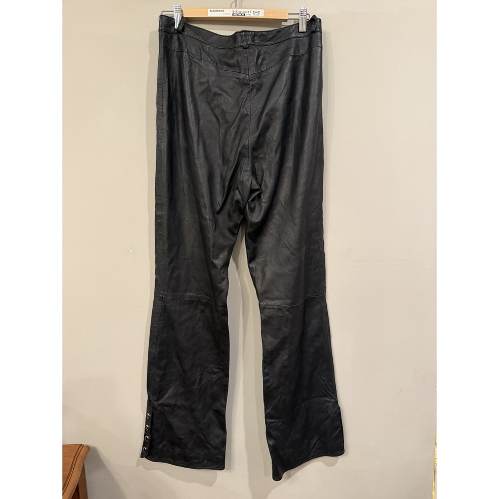 St.John Collection, Black Leather Pants Gold Accent Buttons Moto Size 12 Silk - Picture 2 of 5
